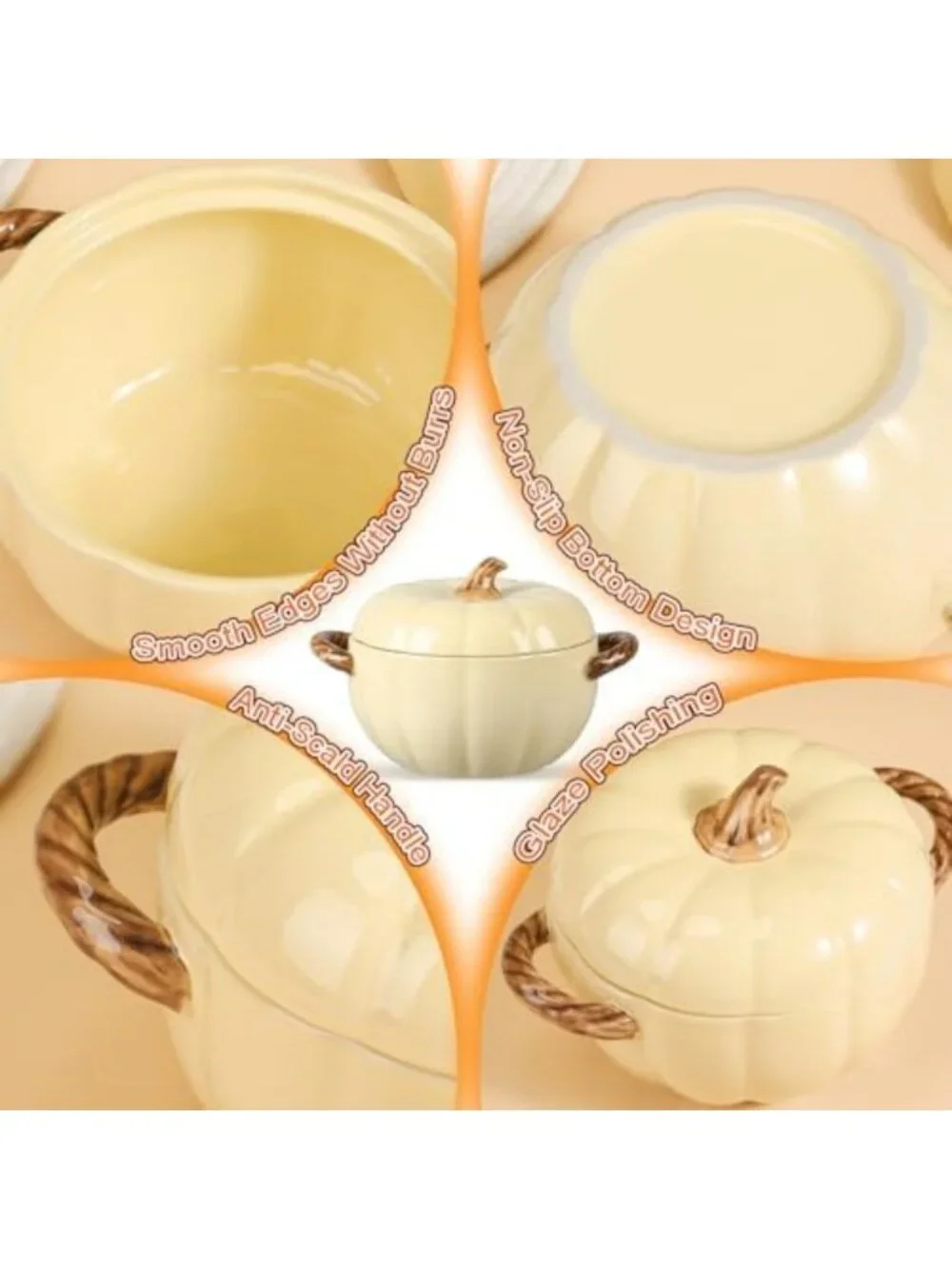 Set of 5 Decorative Ceramic Pumpkin Bowls with Lids & Handles - Cream Yellow